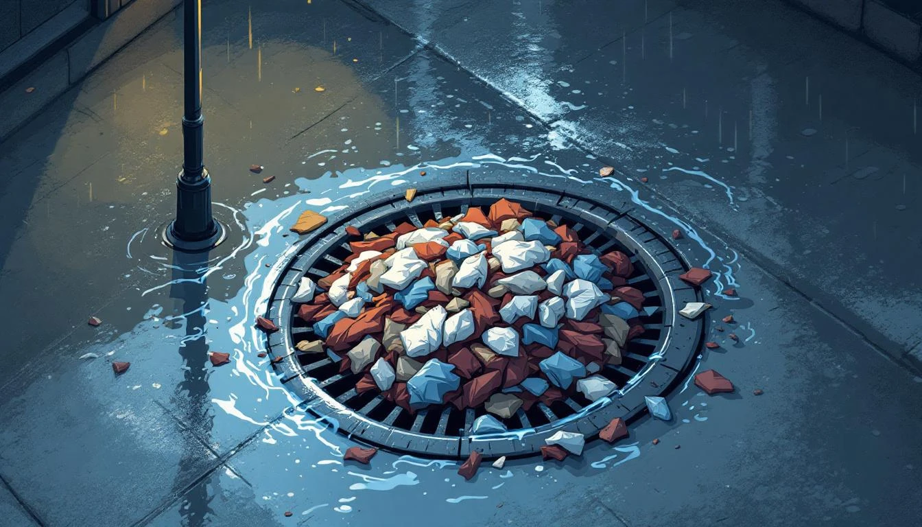 A clogged storm drain packed with soggy debris, water pooling around it under amber streetlight.