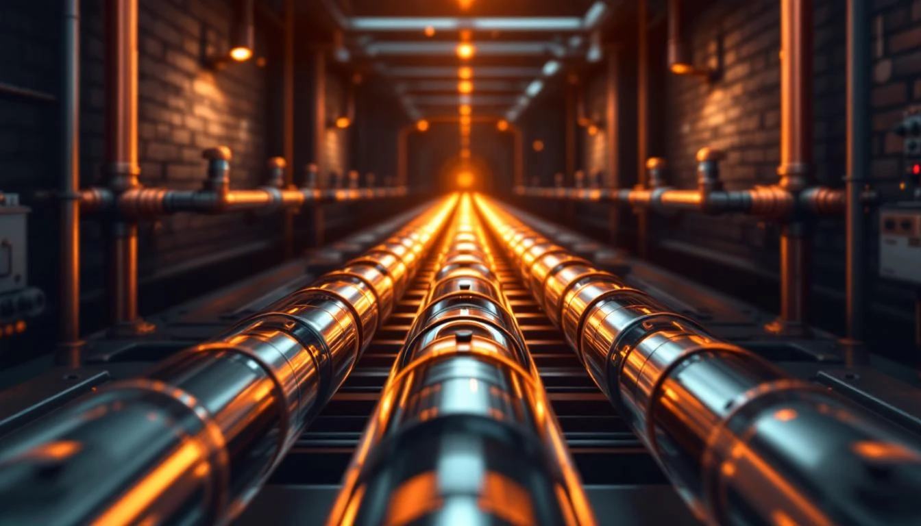 Steel capsules accelerating through branching copper pneumatic tubes in a dim amber-lit industrial setting.