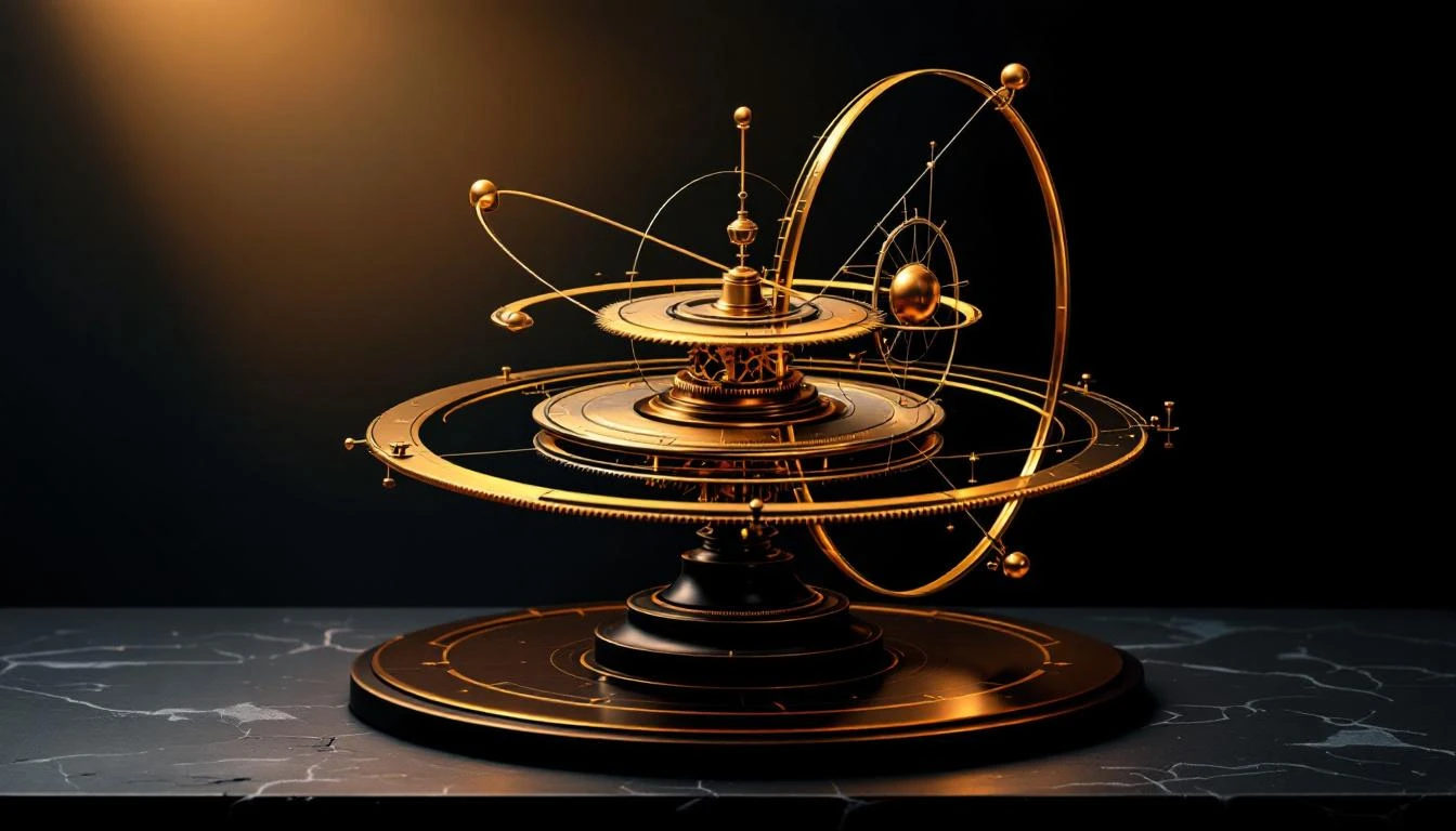 Vintage brass orrery with copper gear rings and orbital arms on dark slate, lit by amber spotlight.