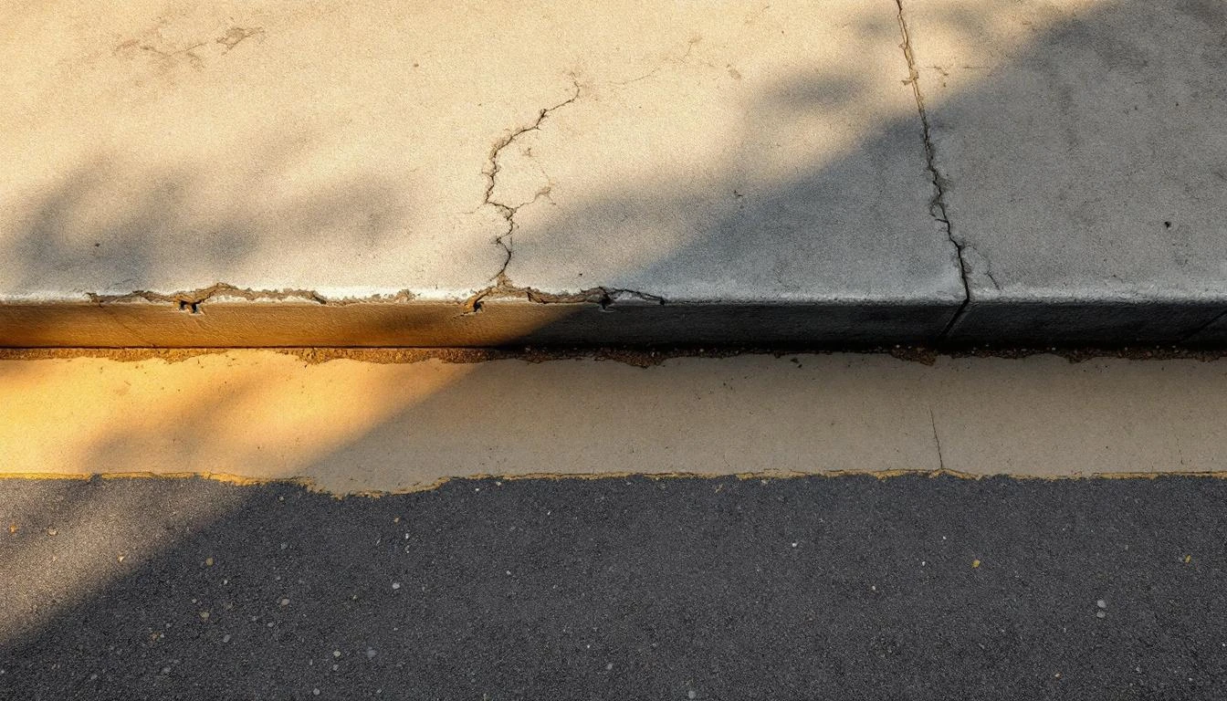 Close-up of a chipped concrete ledge edge casting long shadows onto rough tarmac in golden afternoon light.
