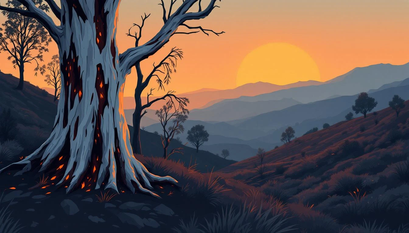 Charred eucalyptus bark peeling from a white trunk with orange ember glow among blackened branches at dusk.