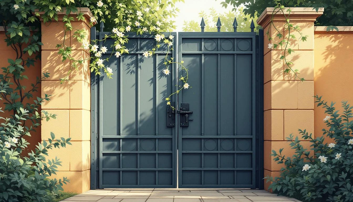 Heavy iron gate with a latch mechanism half-open, flowering vine weaving through the bars onto a stone path.
