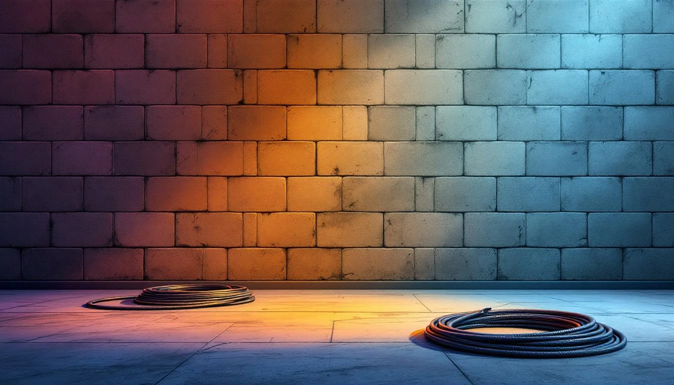 Concrete wall lit by warm amber on one side and cold blue on the other, with copper cable coils on the floor.