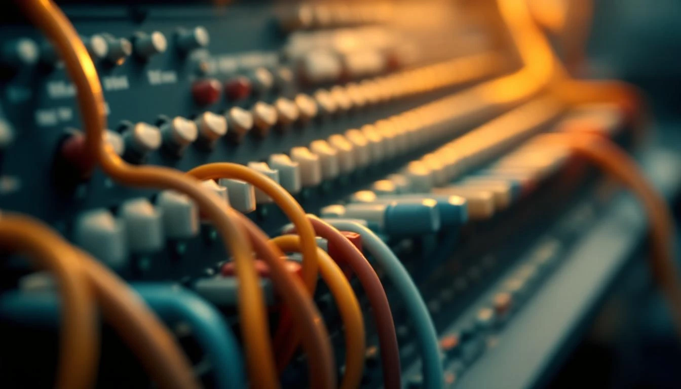Vintage telephone switchboard with many colored patch cables converging into a single neat row of output jacks.