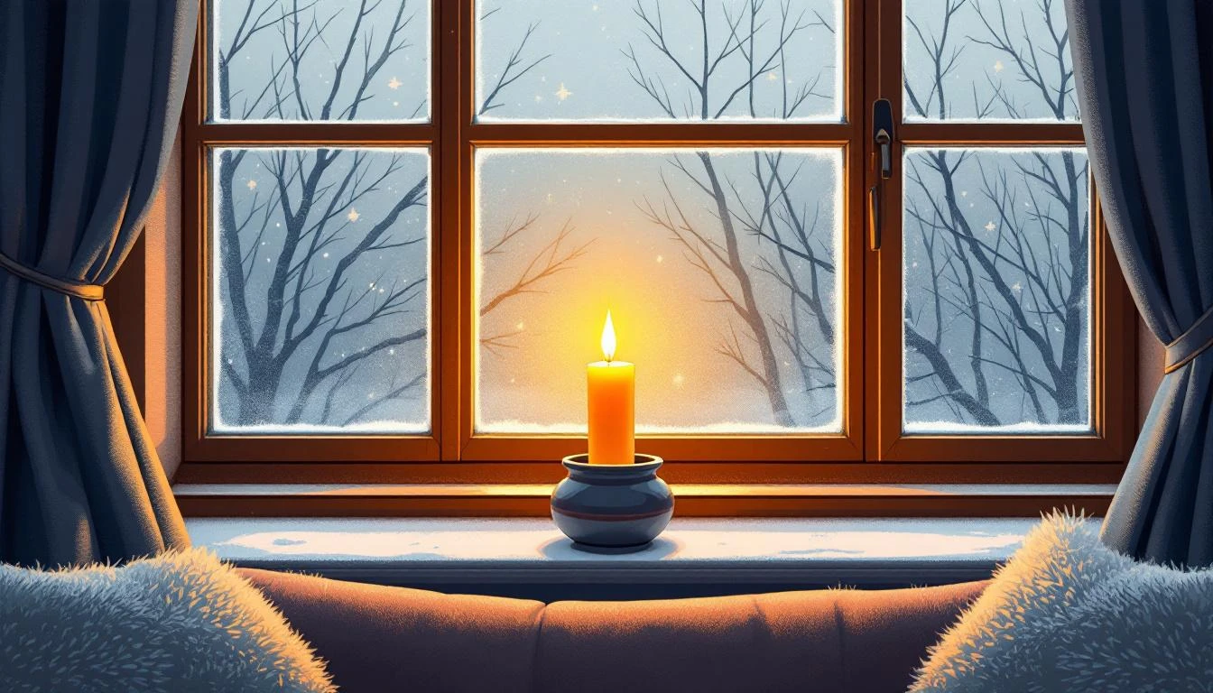 A lit candle on a frost-covered windowsill casting warm amber light inward, bare winter branches visible outside against a grey sky.