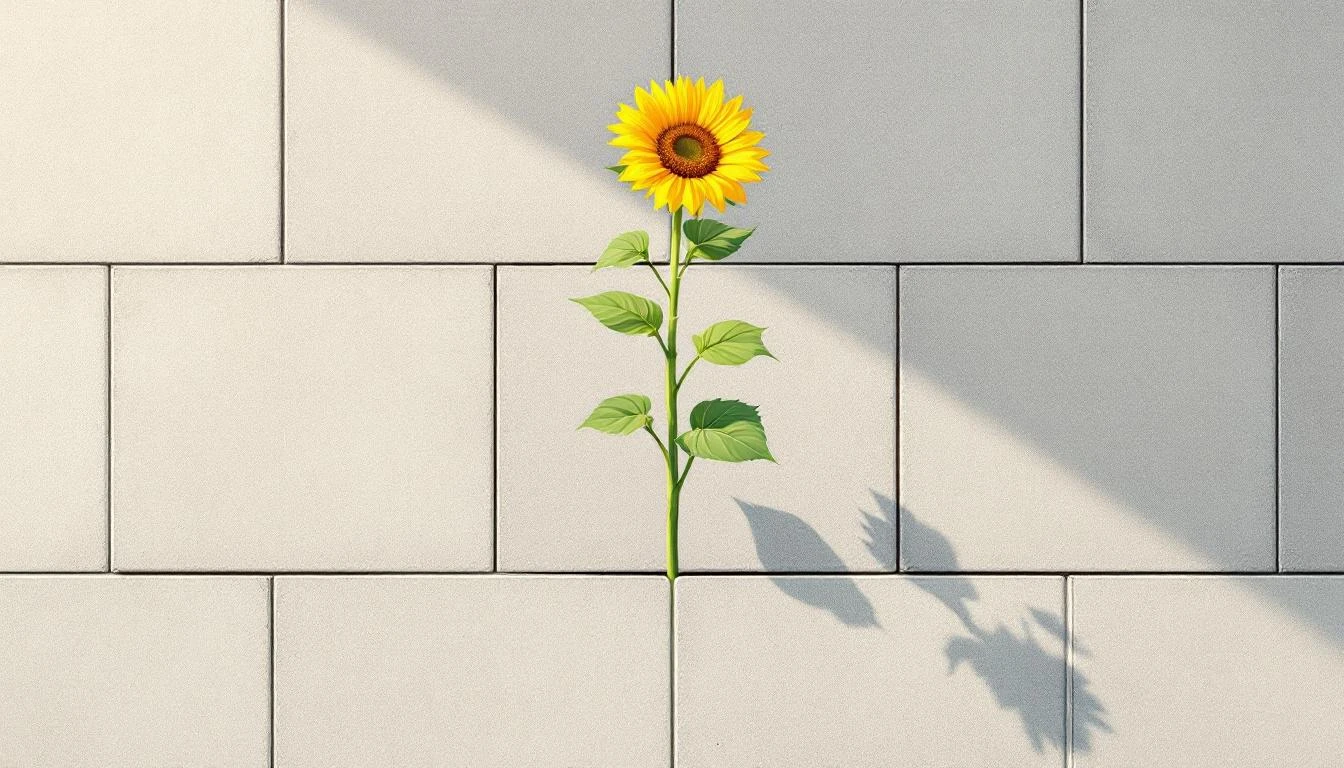 A sunflower blooming through a crack in a rigid grey stone tile floor in warm afternoon light.