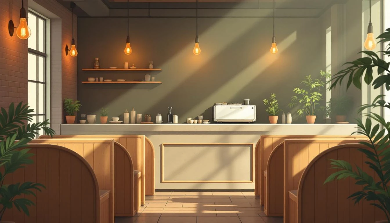 Sunlit coffee house interior with wooden alcoves, exposed brick, potted ferns, and an espresso machine on a concrete bar.