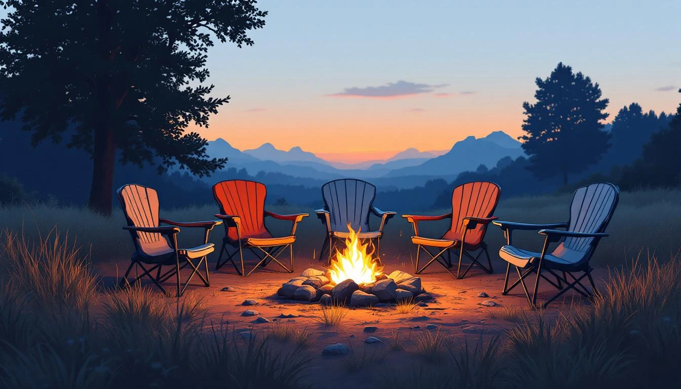 Mismatched camping chairs circling an unlit fire pit at dusk, long shadows across dry grass.