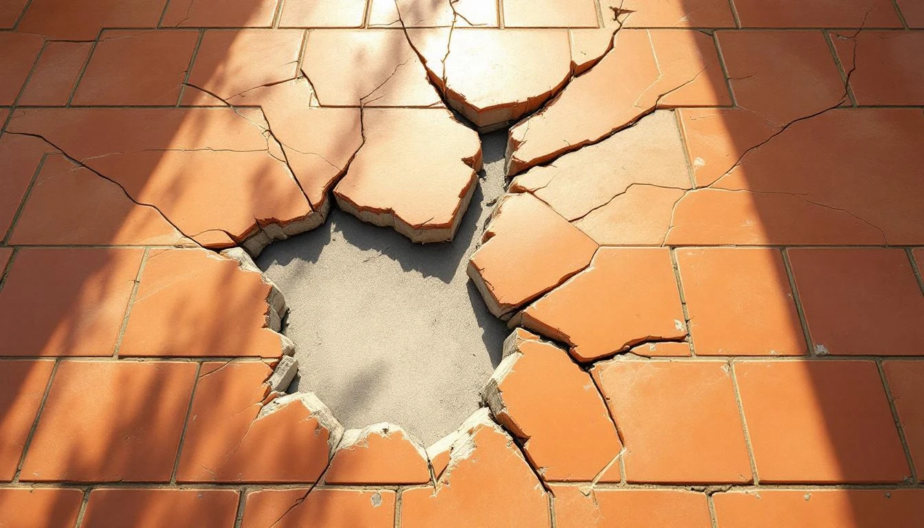 Cracked ceramic mosaic tile with a gap beside an intact matching panel on a terracotta floor.