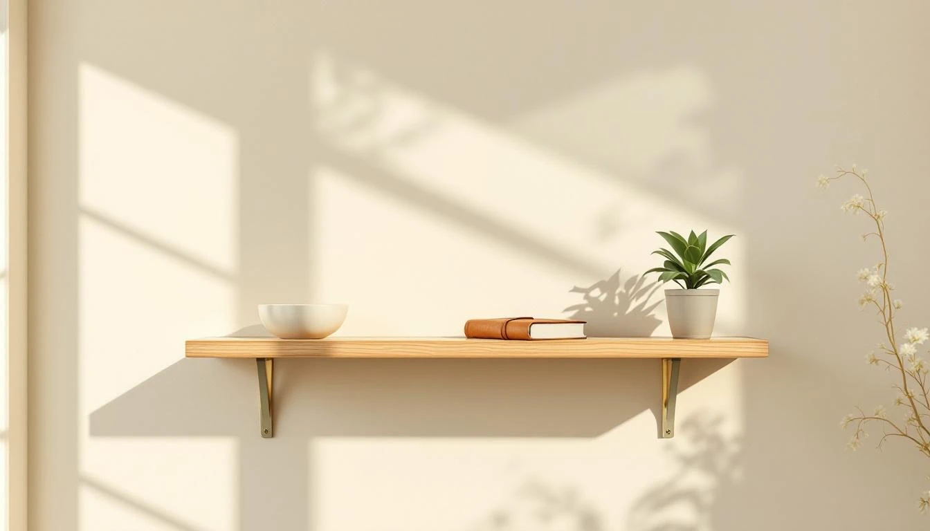 A sparse wooden shelf with three objects — ceramic bowl, leather journal, succulent — against a wall with faint shadows of removed items.