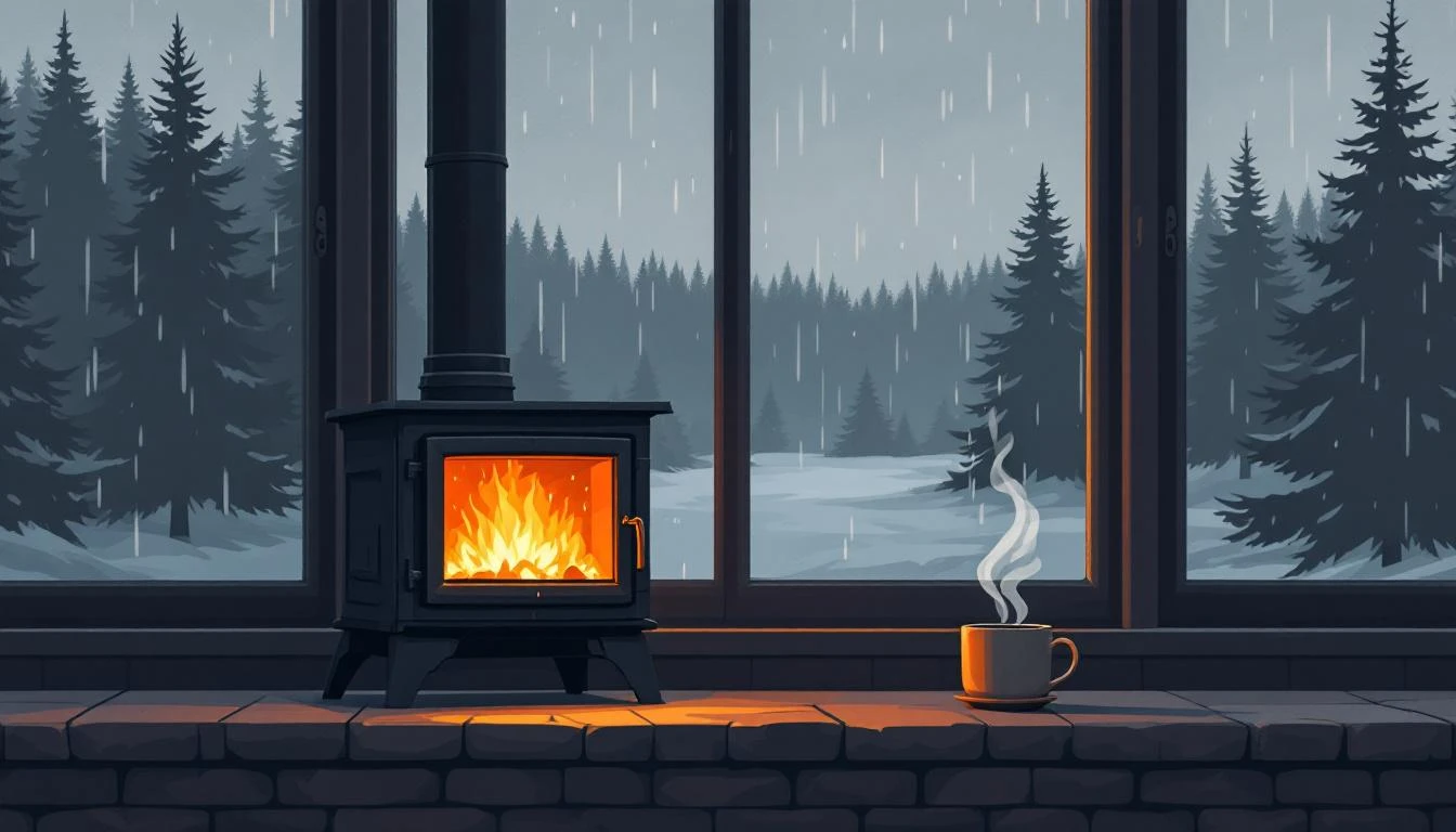 Cast-iron wood stove glowing amber on a rainy winter day, steam rising from a ceramic mug on the stone hearth.