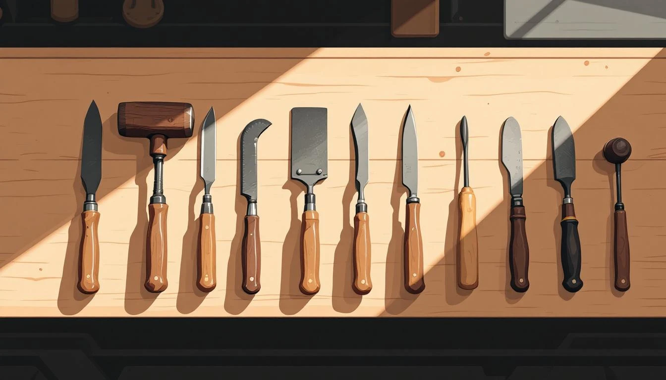 Ten well-worn woodworking hand tools arranged in a precise row on a birch workbench under raking side light.