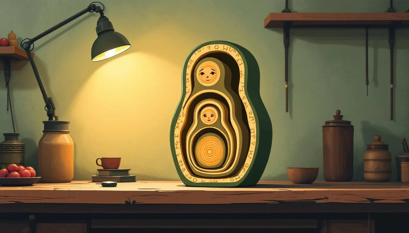 Cross-section of a Russian nesting doll split open revealing smaller nested dolls inside, lit by a single overhead lamp.