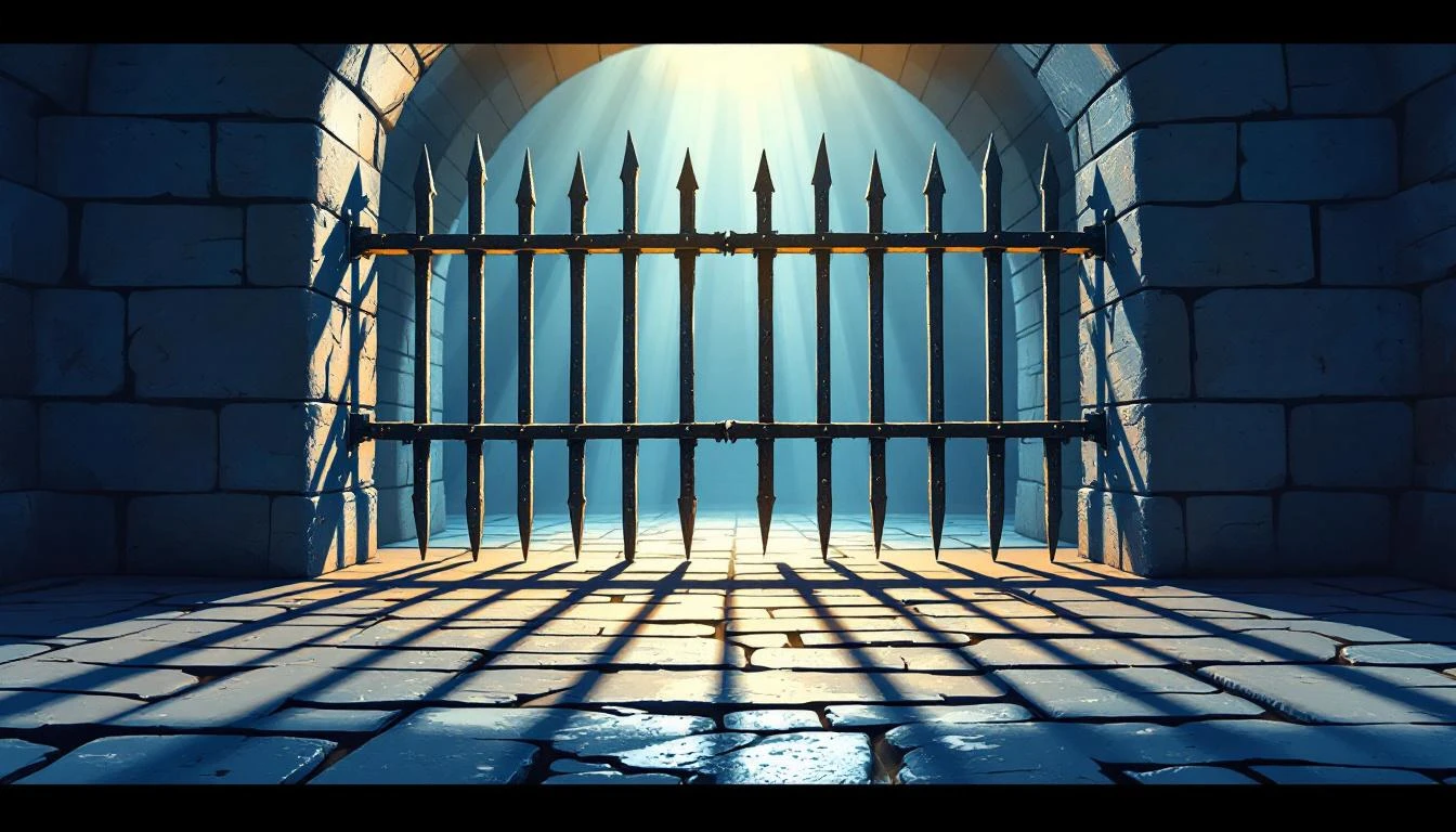 Heavy iron portcullis half-lowered in a stone archway, casting striped shadows on granite floor.