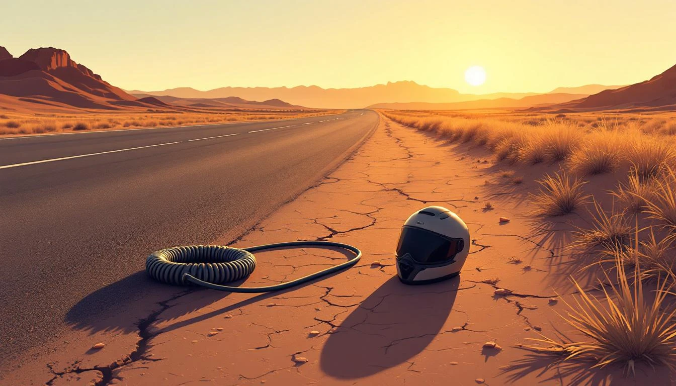 Coiled rubber hose and motorcycle helmet on a desert highway shoulder at golden hour.