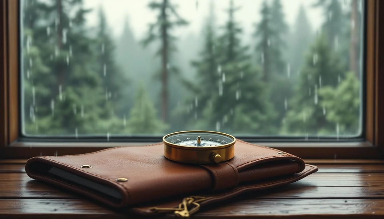 Vintage brass compass on a leather wallet beside a rain-streaked train window with blurred forest outside.