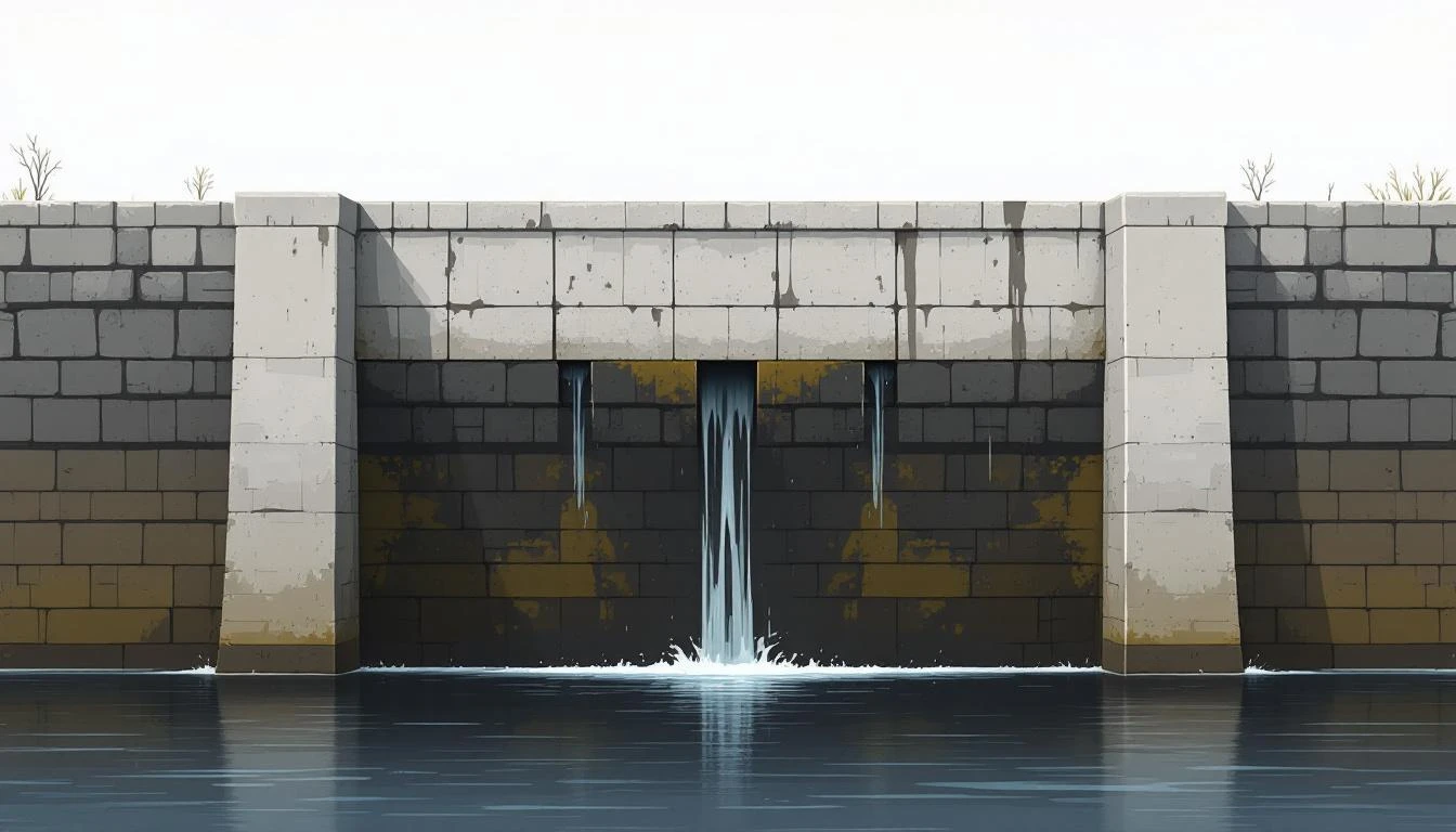 Weathered stone dam partially patched with concrete, water seeping through remaining cracks in grey overcast light.