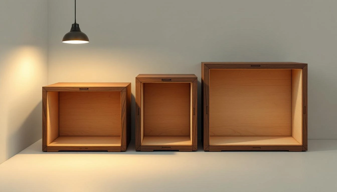Lacquered walnut nesting boxes pulled open in sequence, revealing dovetail-jointed interiors receding in depth.