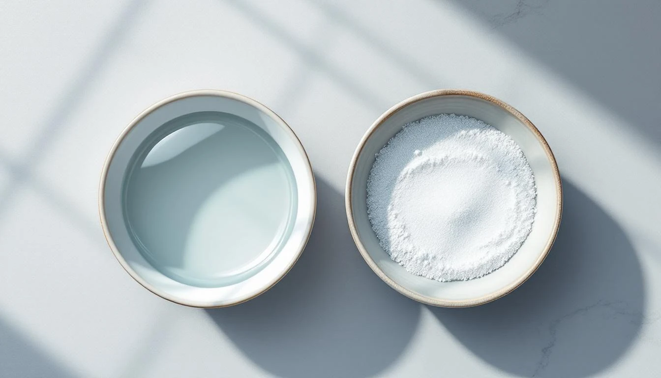 Two ceramic bowls on slate, one with clear water and one with white chalk dust floating on the surface.