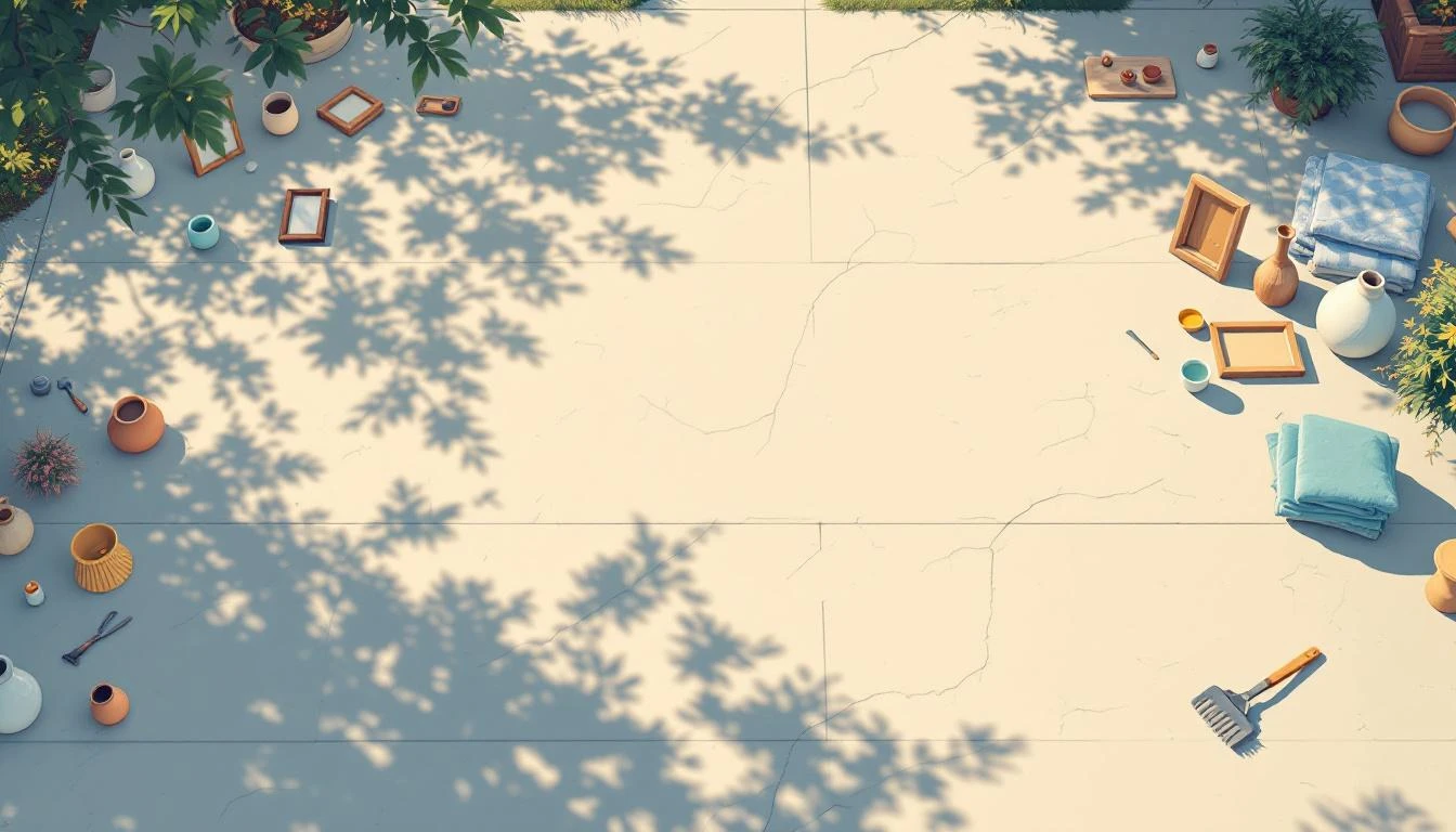 Mismatched household objects arranged in clusters on a sunlit concrete driveway with tree shadows.