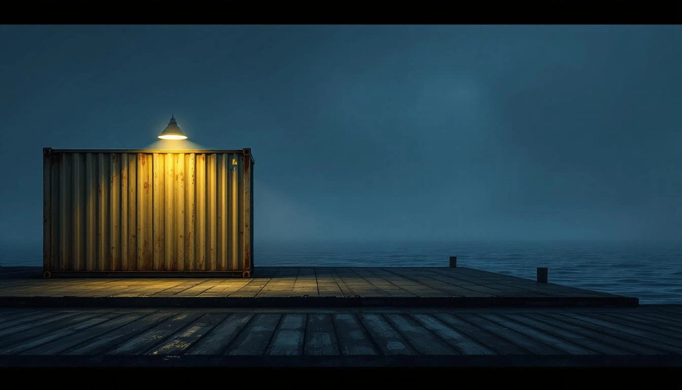 A rust-streaked olive shipping container on a foggy dock under a single halogen lamp at dusk.