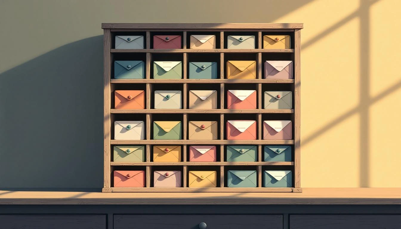 Weathered wooden postal sorting rack with small cubbyholes holding colorful envelopes in warm amber light.