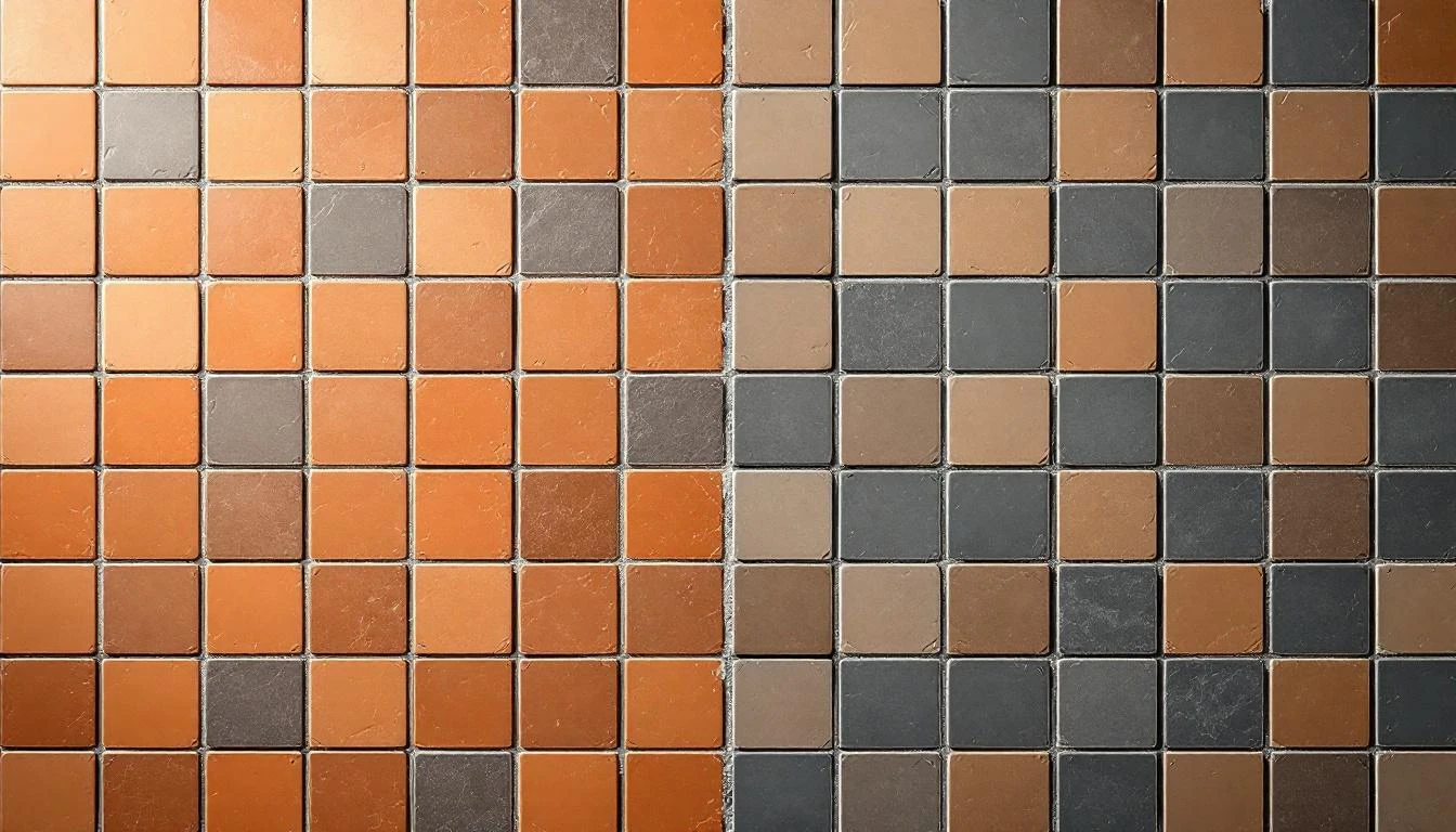 Ceramic tile mosaic with one blurred grouted section and one crisp clean-lined section under raking light.