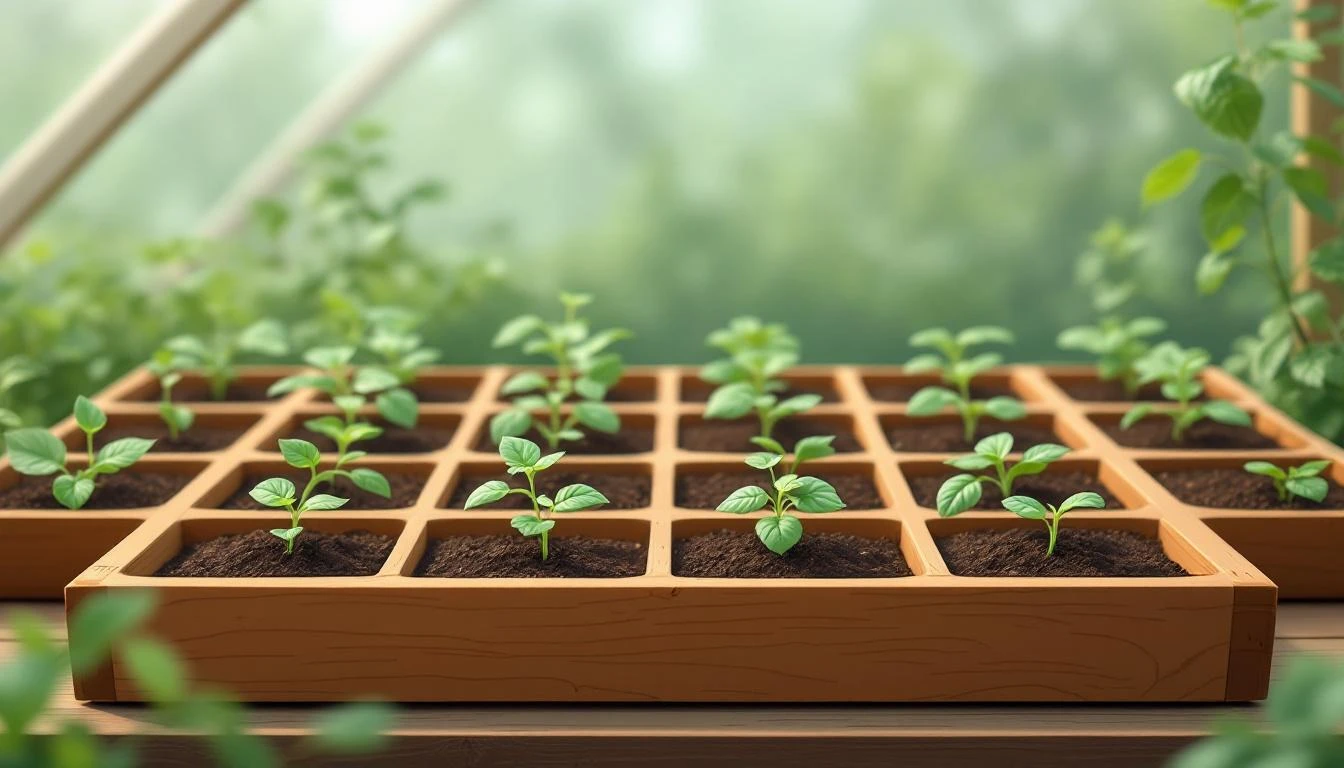 Wooden seed tray with multiple compartments each holding a different seedling variety under diffused greenhouse light.