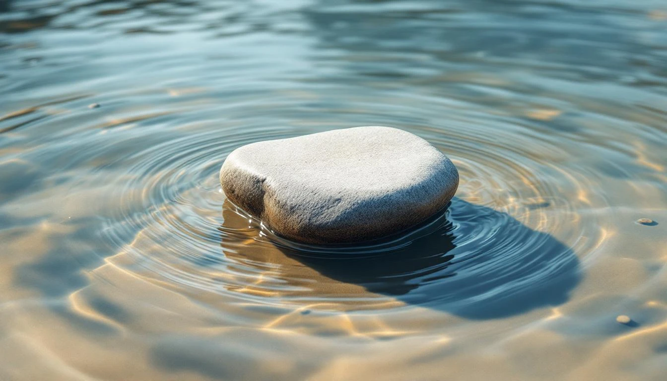Clear mountain stream flowing in smooth laminar sheets around a single grey river stone on a sandy amber bed.