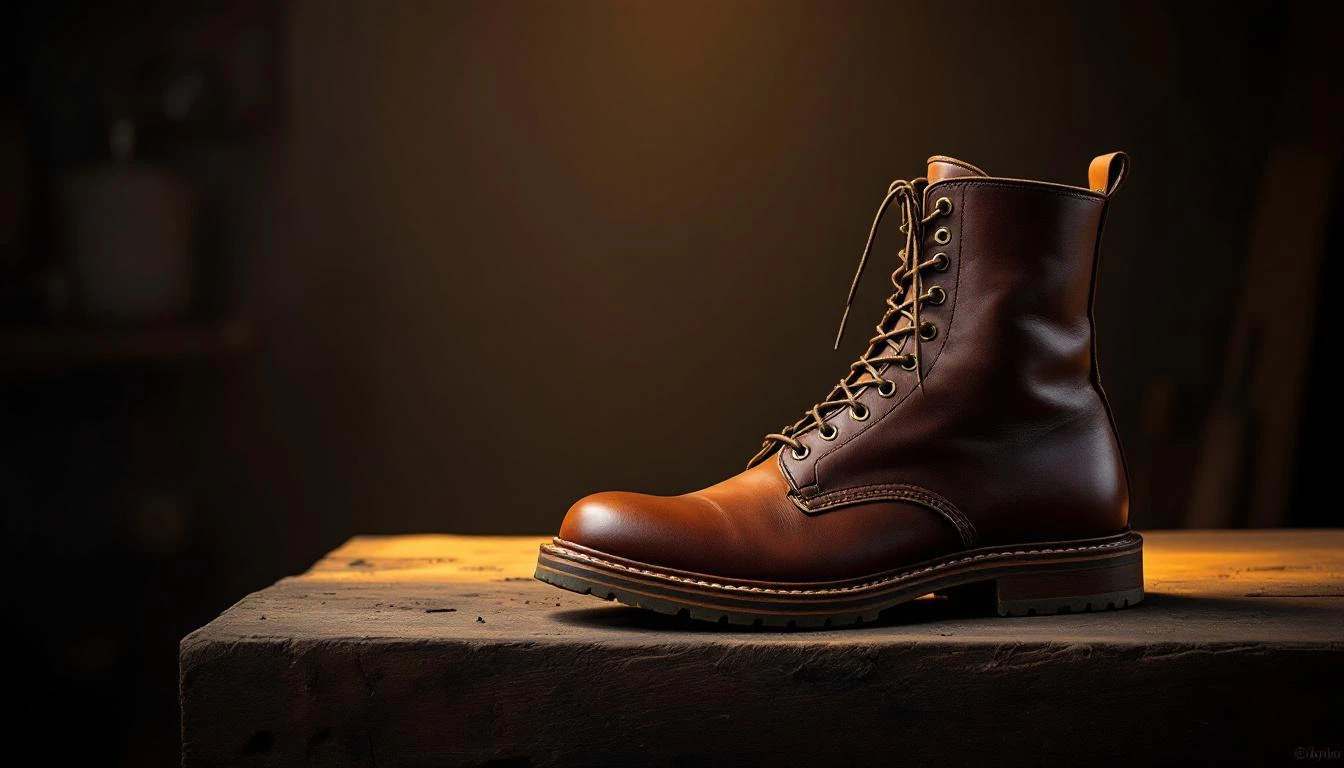 A polished mahogany leather boot with a thick welted sole on a worn wooden workbench under warm amber light.