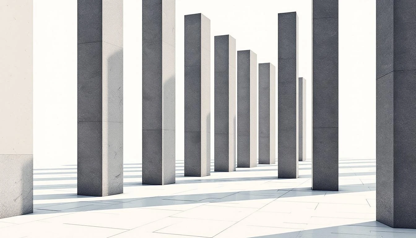 Row of identical charcoal granite pillars casting parallel shadows across pale stone pavement in midday light.