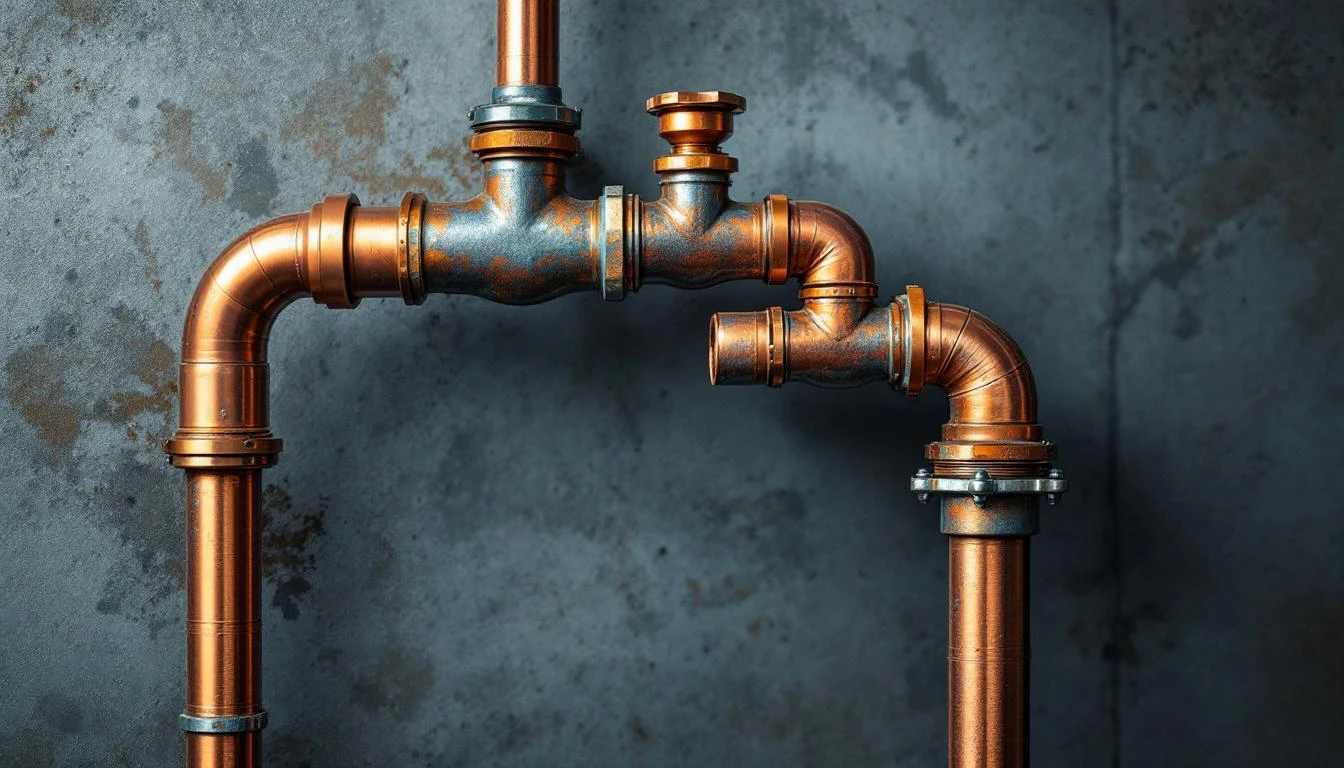 Copper pipe junction with verdigris and orange tributaries converging into a single polished outlet pipe.