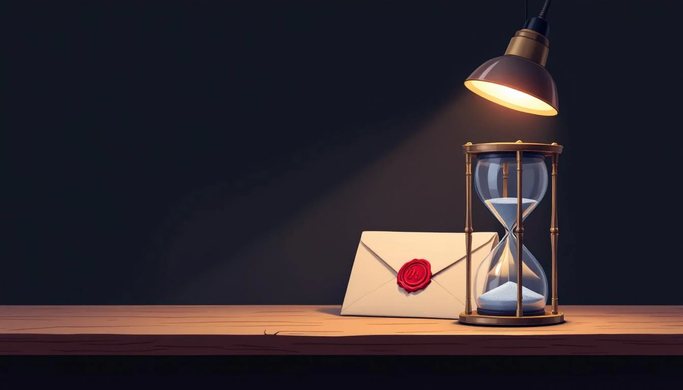 A polished hourglass with silver sand next to a sealed wax-stamped envelope on weathered wood.
