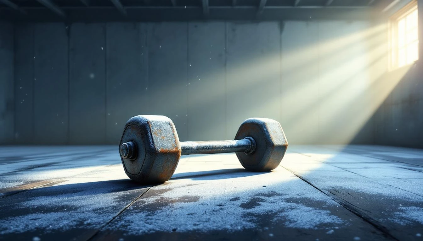 A frost-covered cast-iron dumbbell on a cold garage floor with low morning light casting long shadows.