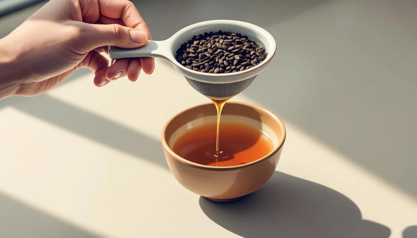A ceramic tea strainer with dark leaves in the mesh basket dripping amber liquid into a clay bowl.