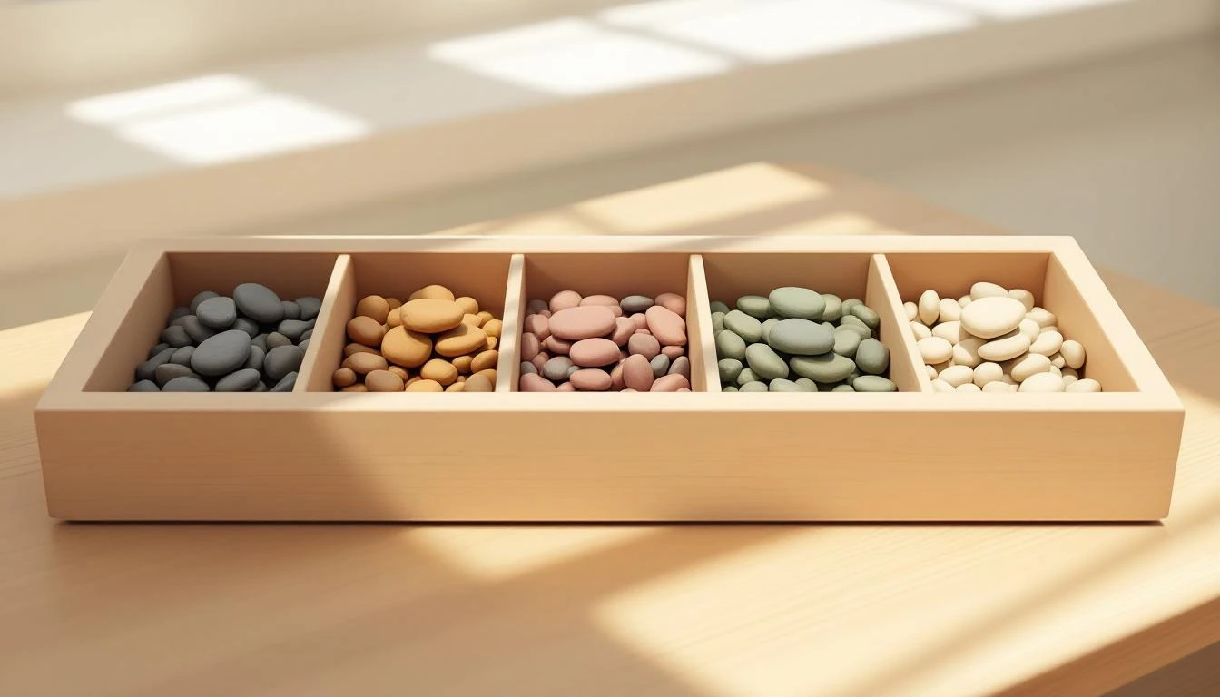 Five-compartment wooden tray holding small sorted river stones in slate, ochre, rose, sage, and ivory tones.