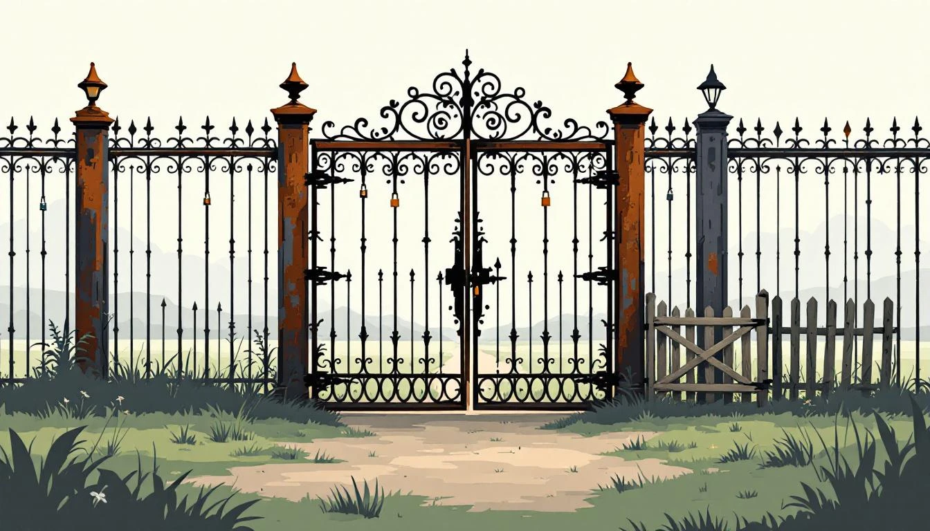 Rusted ornate iron gate chained with multiple padlocks beside a plain wooden gate hanging open in a field.