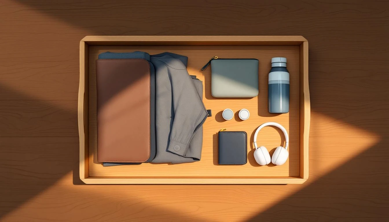 Wooden tray with neatly arranged travel items and visible empty space, lit by warm raking light.