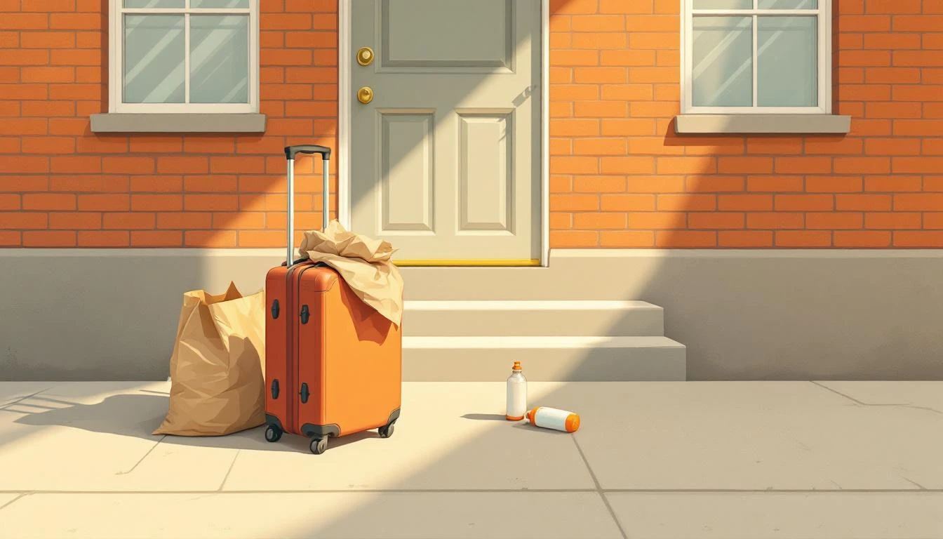 A wheeled suitcase and crumpled grocery bag on sun-bleached concrete outside a brick apartment entrance in harsh summer light.