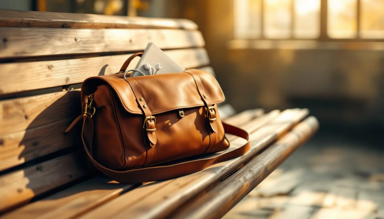 Open worn leather travel satchel on a wooden bench with earbuds, transit map, and charger brick inside.