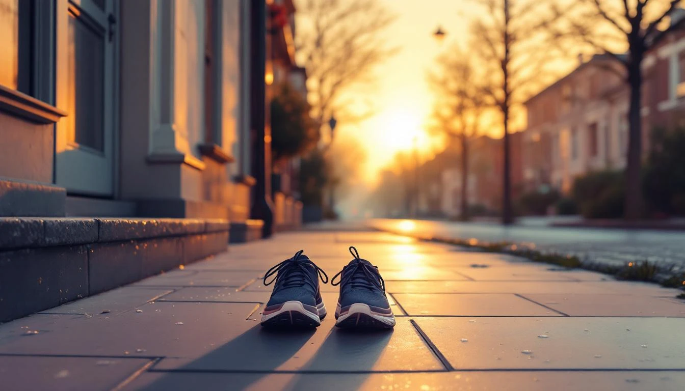 Freshly tied running shoes on a dew-covered doorstep at dawn with amber sunrise light.