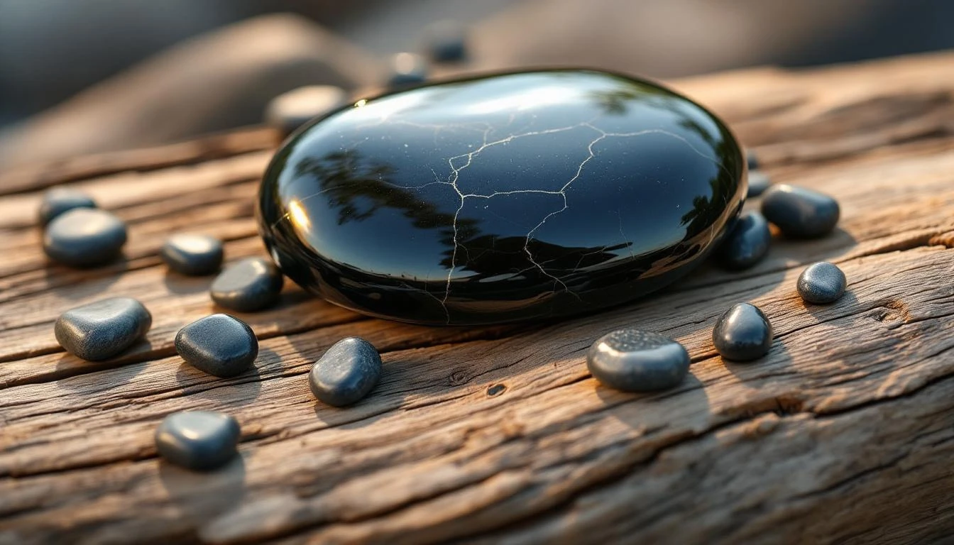 Obsidian river stone on driftwood surrounded by small polished and rough pebbles in warm sidelight.