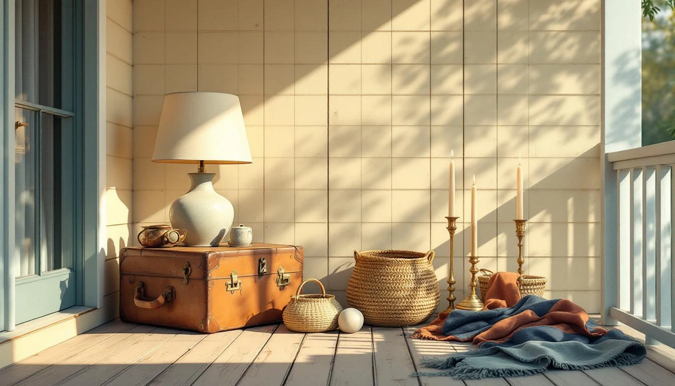 Mismatched household objects in a sunny pile on a weathered wooden porch in warm morning light.