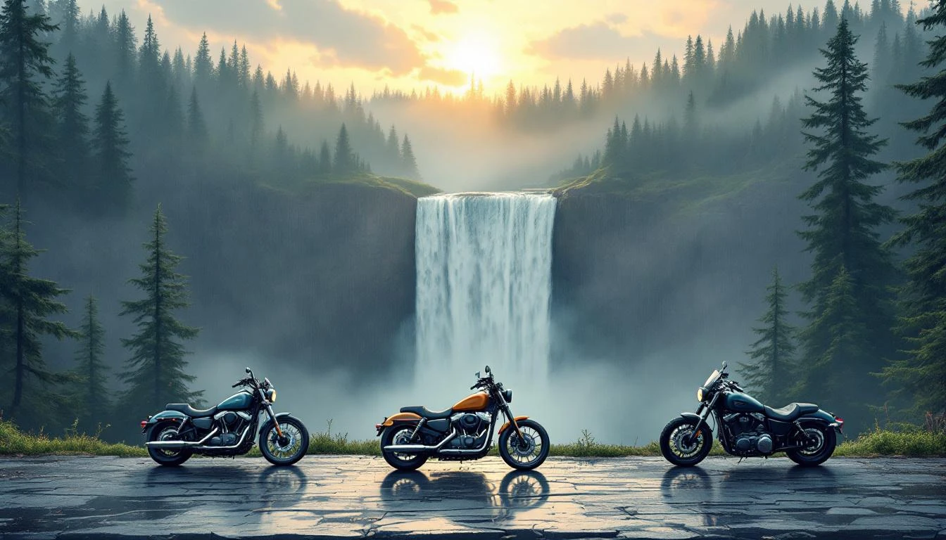 Three motorcycles parked at a misty overlook above a wide cascading waterfall surrounded by evergreen forest.