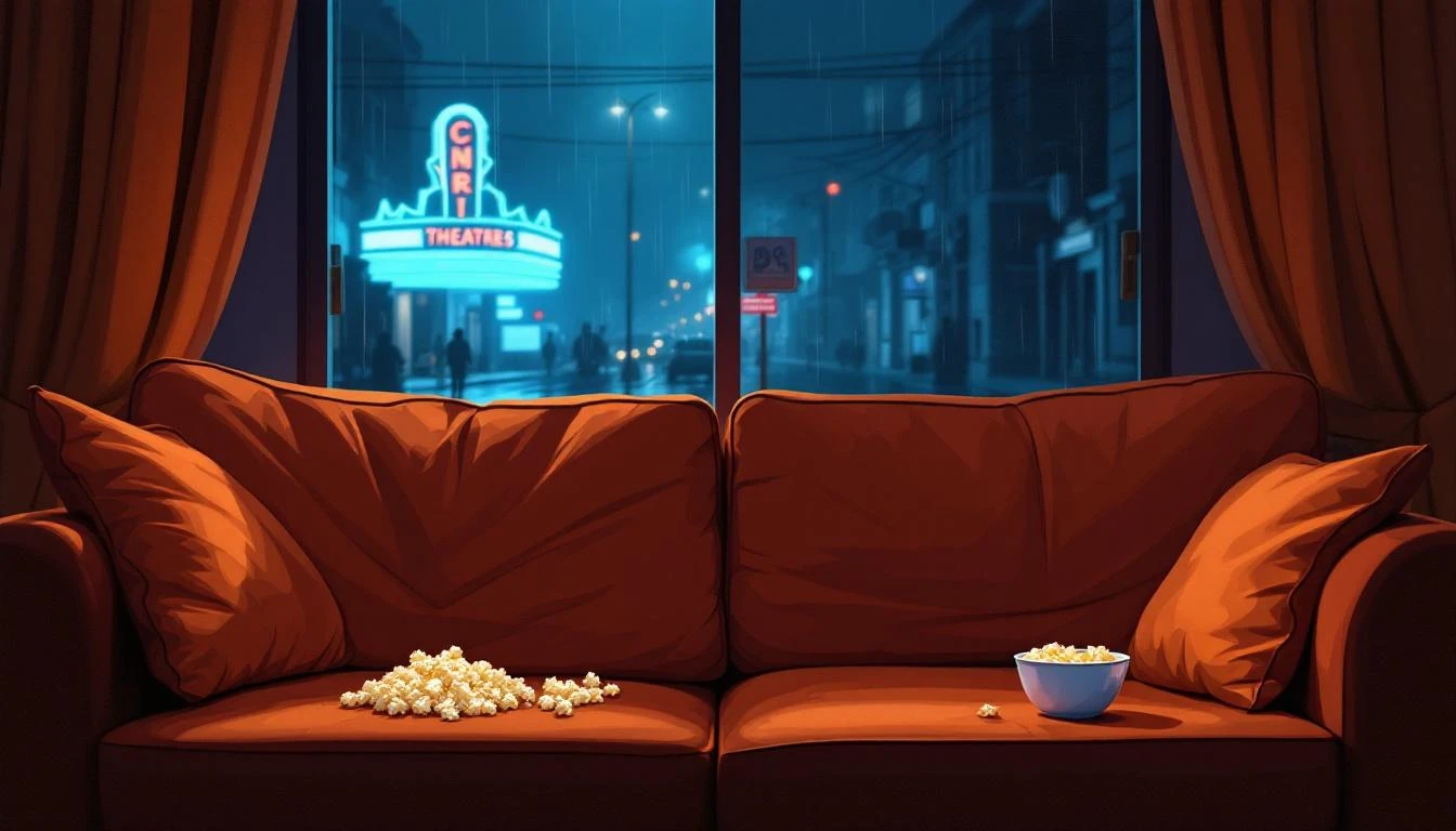 A warm amber couch with popcorn under lamplight contrasted against a rainy blue-lit street outside a glass door.