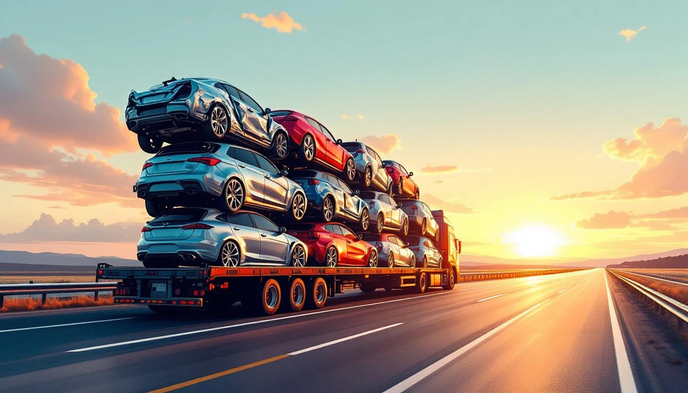Low-angle view of crushed car cubes stacked on a flatbed trailer on an open highway at golden hour.