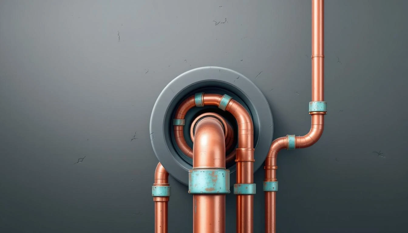 Bundle of copper pipes with green-blue patina joining into one main pipe against grey concrete.