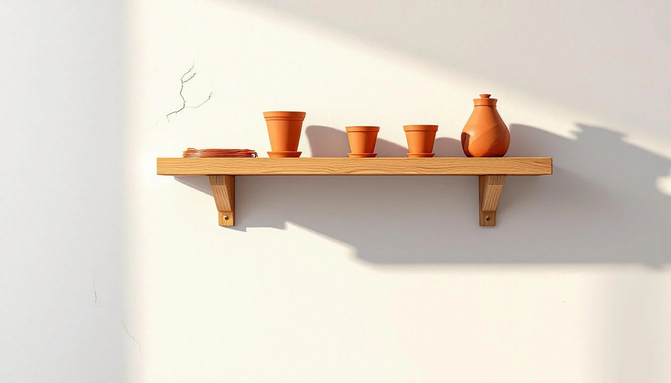 A raw-pine wall shelf with a misaligned screw hole holds terracotta pots and coiled copper wire against white plaster.