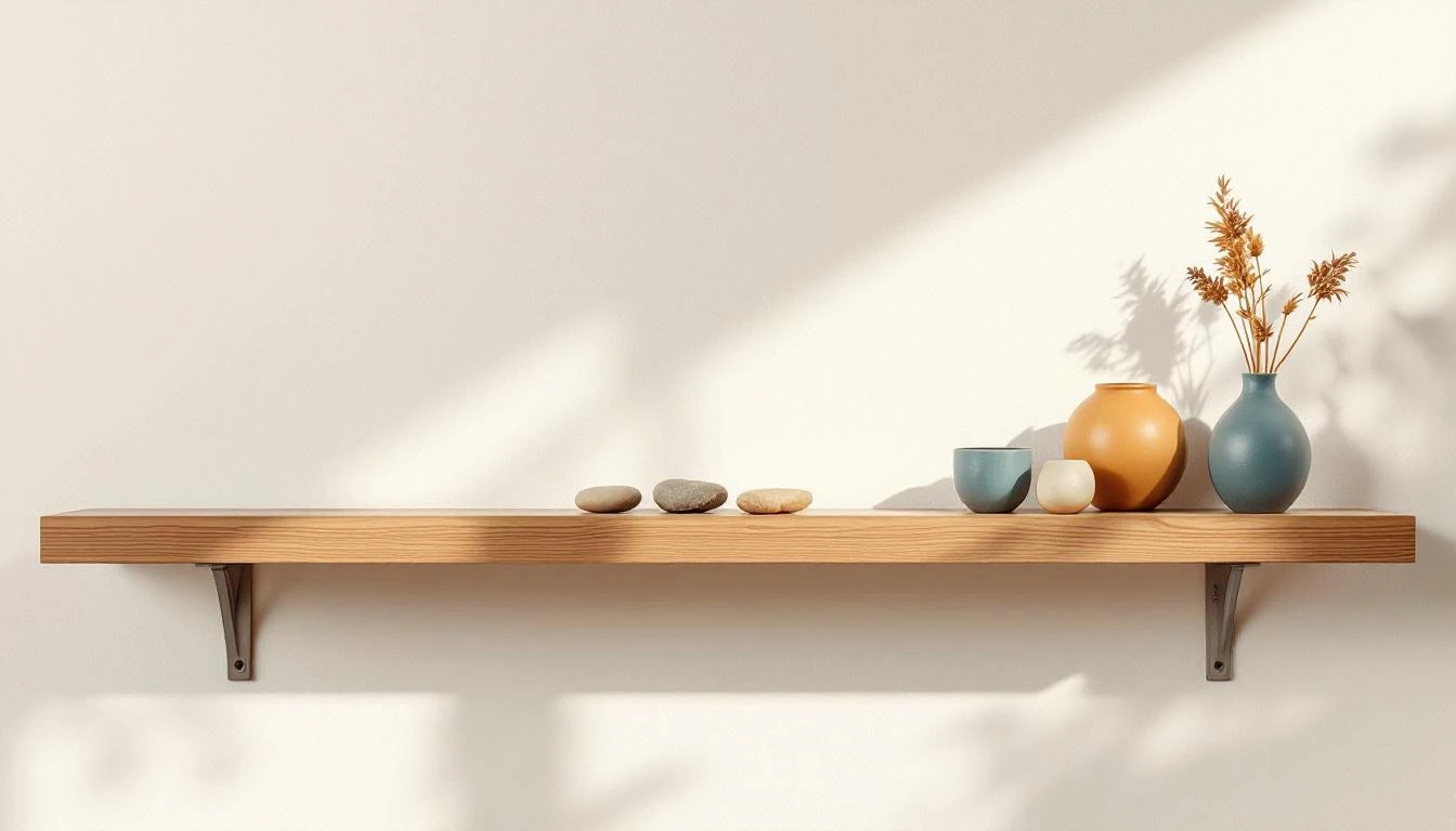 A sparse wooden shelf with river stones, seed pods, and ceramic vessels, with deliberate gaps between objects.