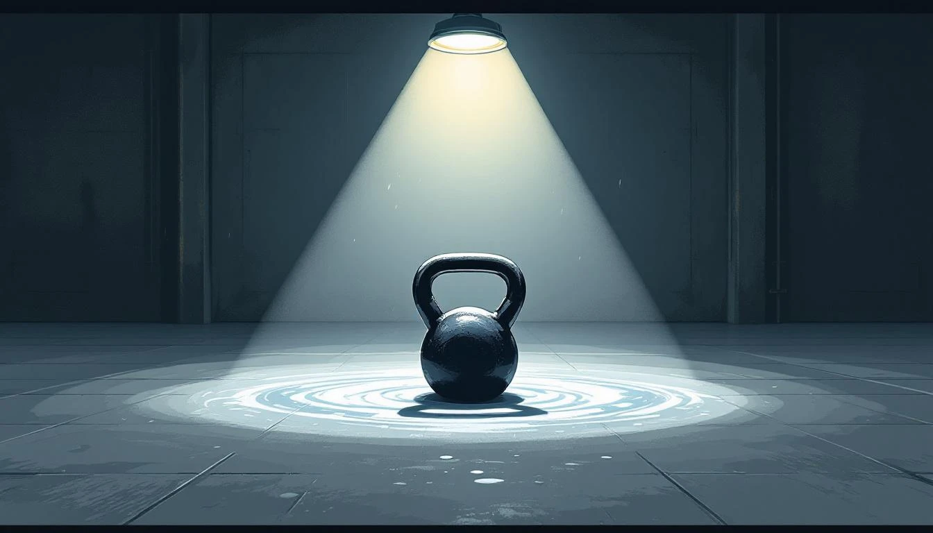 A condensation-streaked iron kettlebell under a harsh industrial lamp on wet concrete, surrounded by water droplets.